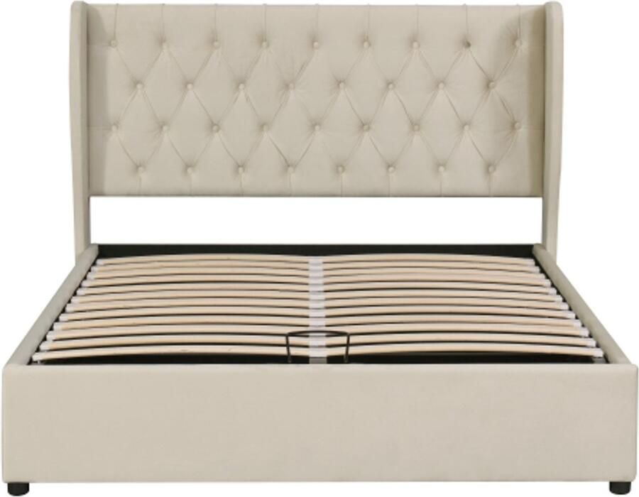 Eenpersoonsbed 140x200cm Zonder Matras Gestoffeerd Bed Beige Fluweel Bed Met Oorvormig Hoofdbord Grote Knopen Hydraulisch Opbergbed Met Lattenbodem Voor Slaapkamer En Logeerkamer