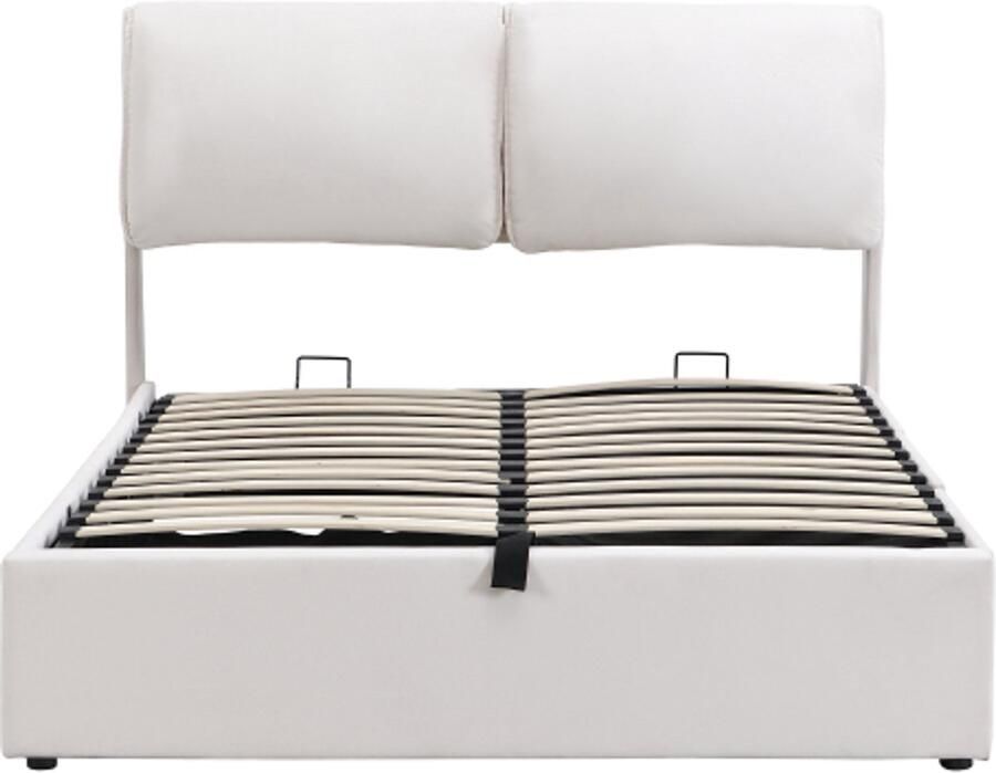 Eenpersoonsbed 140x200cm Zonder Matras Gestoffeerd Bed BeigeFluweel Met Hoofdsteun Hydraulisch Opbergbed Met 3 Laden Houten Lattenbodem Geschikt Voor Slaapkamer En Logeerkamer