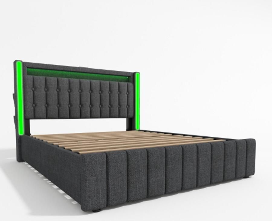 Eenpersoonsbed 140x200cm Zonder Matras Gestoffeerd Bed Grijs Met Houten Lattenbodem LED-Verlichting USB Type-C Oplaadfunctie Met Opbergruimte Modern Design Eenvoudig Slaapkamerontwerp