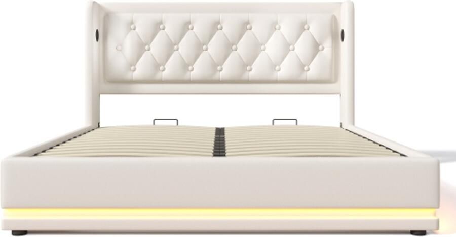 Tweepersoonsbed 160x200cm Zonder Matras Gestoffeerd Bed Wit PU Met Hydraulische Opbergruimte Met USB En Type C Oplaadfunctie Hoofdbord Met 3 Zijdige LED Verlichting Modern Ontwerp