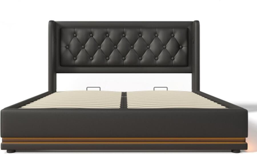 Gotagee Gestoffeerd bed 160x200cm tweepersoonsbed (zonder matras) zwart PU hydraulisch opbergbed met USB Type-C oplaadfunctie en 3-zijdige LED-functie