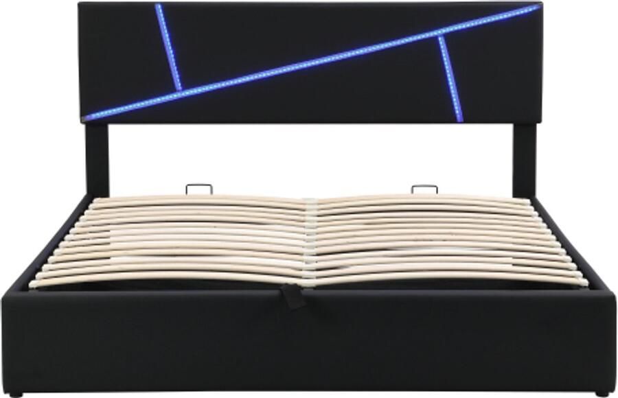 Eenpersoonsbed 140x200cm Zonder Matras Gestoffeerd Bed Zwart PU Met LED Lattenbodem En Hoofdbord Hydraulisch Opbergontwerp Modern Stijl Geschikt Voor Slaapkamer En Logeerkamer