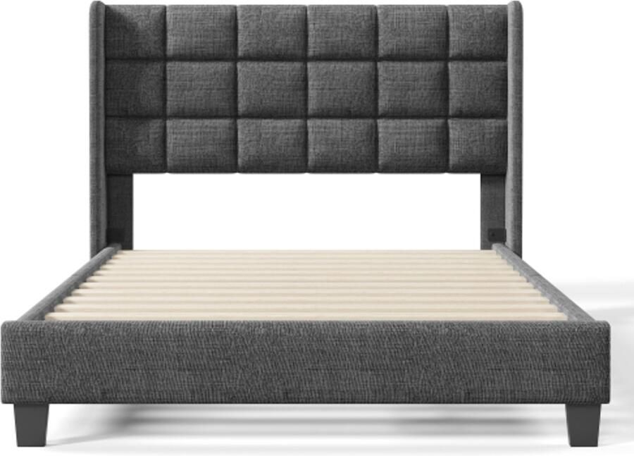 Eenpersoonsbed 140x200cm Zonder Matras Grijs Linnen Met Lattenbodem En Bedframe Gepolsterd Hoofdbord Modern Design Geschikt Voor Slaapkamer