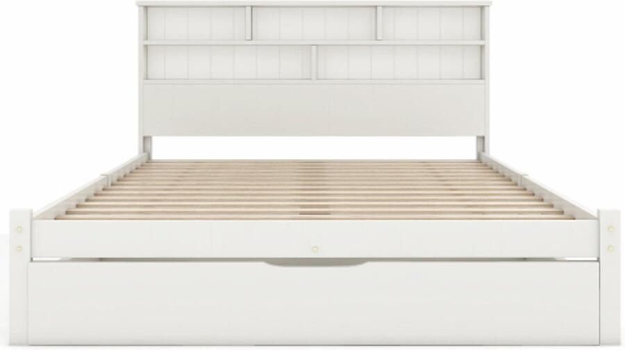 Eenpersoonsbed 140x200cm Zonder Matras Massief Houten Bed Wit Met Laden En Boekenkast Lattenbodem Kinderbed Voor Jongeren En Volwassenen Geschikt Voor Slaapkamer En Logeerkamer Modern Design