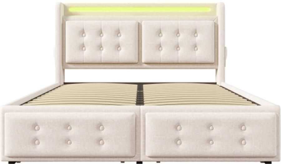 Eenpersoonsbed 140x200cm Zonder Matras Polsterbed Beige Katoen Met LED Verlicht Hoofdbord En USB Type C Oplaadfunctie Met 4 Opbergladen Hydraulische Lattenbodem Hout En Metaal Modern Slaapkamer Bed Met Opbergruimte