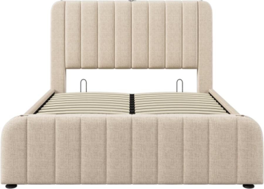 Eenpersoonsbed 140x200cm Zonder Matras Polsterbed Beige Linnen Hydraulische Opbergruimte USB Type C Gouden Decoratieve Strepen Modern Design Geschikt Voor Slaapkamer