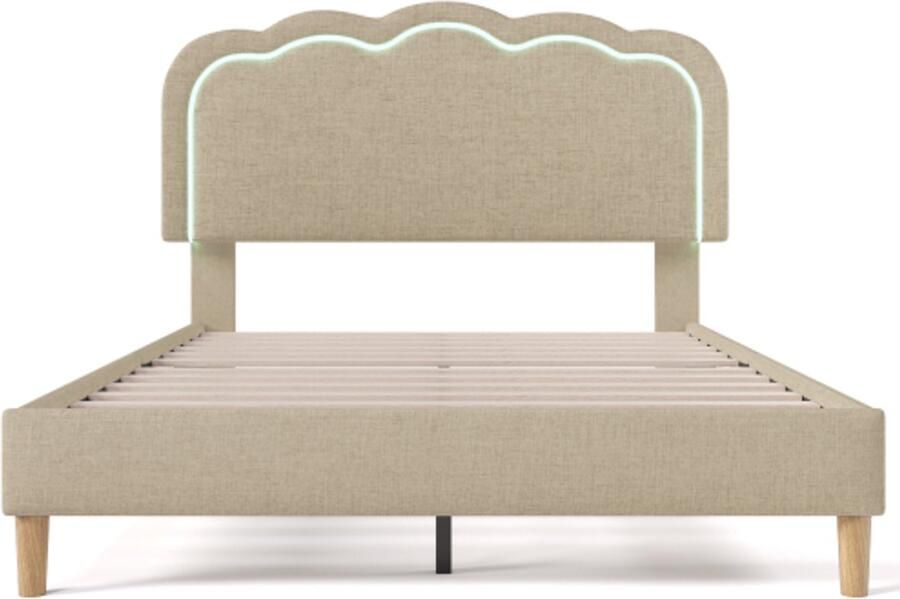 Eenpersoonsbed 140x200cm Zonder Matras Polsterbed Beige Linnen Met Led Verstelbaar Hoofdbord Geschikt Voor Slaapkamer Gastenbed Modern Design