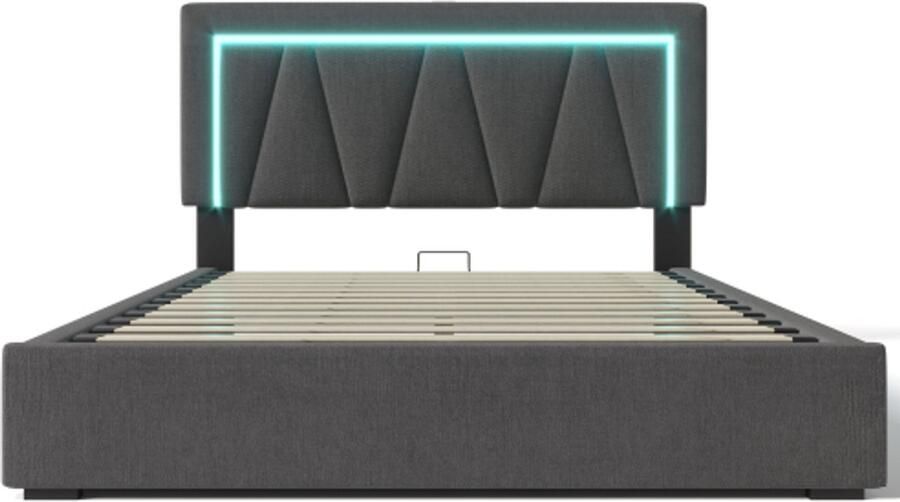 Eenpersoonsbed 140x200cm Zonder Matras Polsterbed Grijs Linnen Met LED En USB Ladefunctie Opbergruimte Lattenbodem Modern Design Voor Slaapkamer En Gastenkamer Comfortabel Praktisch