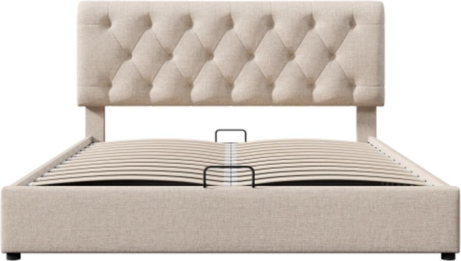 Eenpersoonsbed( 140x200cm Zonder Matras Polsterbed Natuur Stof Met Hydraulische Opbergruimte Verstelbaar Hoofdeinde Modern Bed