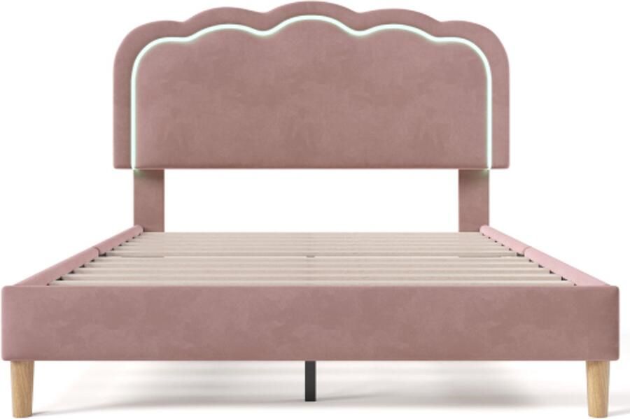 Eenpersoonsbed 140x200cm Zonder Matras Polsterbed Roze Fluweel Met Led Verstelbaar Hoofdbord Geschikt Voor Slaapkamer Gastenbed Modern Design