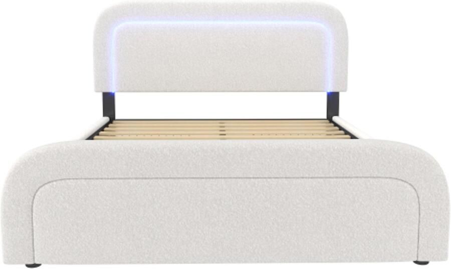 Eenpersoonsbed 140x200cm Zonder Matras Polsterbed Wit Sherpa Stof Met Lattenbodem Met Lades Verstelbaar Hoofdeinde Met USB Type C Ladefunctie En LED Verlichting Modern Design