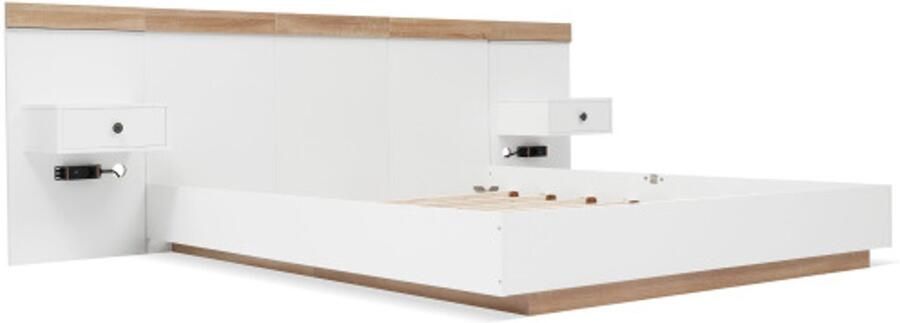 Eenpersoonsbed 140x200cm Zonder Matras Wit Natuur Hout Met LED Nachtkastjes En USB Type C Stekker 2 Nachtkasten Complete Slaapkamer Set Modern Design Geschikt Voor Slaapkamer