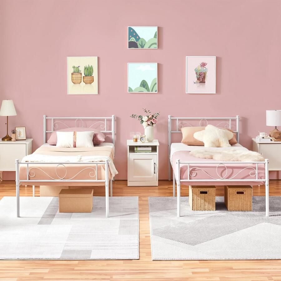 Eenpersoonsbed 2-delig 90 x 200 cm metalen bed met lattenbodem moderne bedframe met hoofdeinde bedframe van metaal voor logeerkamer slaapkamer wit