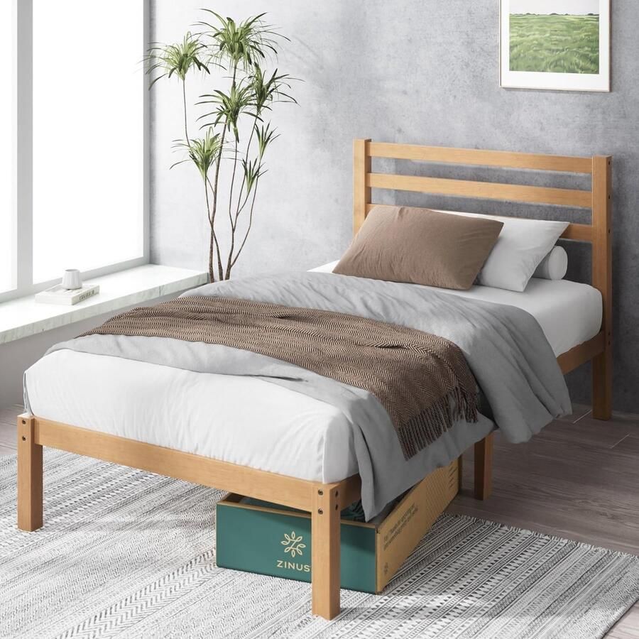 Eenpersoonsbed 90 x 190 cm 36 cm hoog platform bedframe van bamboe en hout lichtbruin