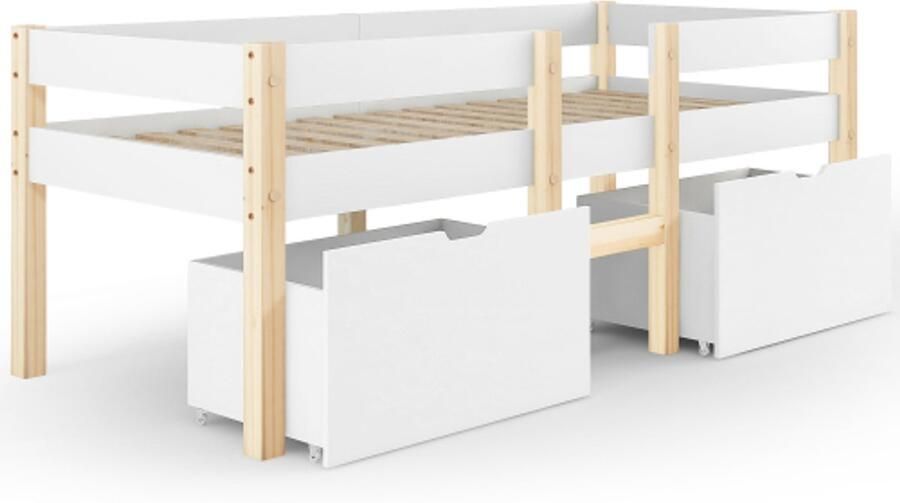 Eenpersoonsbed 90x190cm Kinderbed Zonder Matras Wit Massief Hout Massief Grenenhouten Bed Veilig Kinderbed Met Lade En Valbeveiliging Geschikt Voor Kinderkamer
