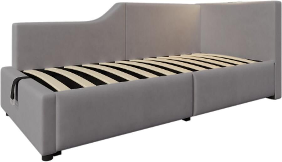 GOTAGEE Gestoffeerde slaapbank 90x200cm slaapbank met hydraulische opbergruimte leeslampfunctie en USB-C-oplaadfunctie kinderbedjeugdbedframe met houten lattenbodem fluweel grijs