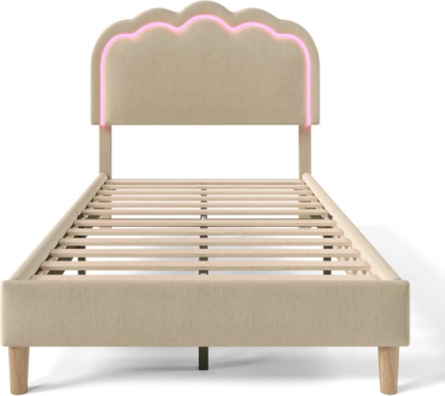Eenpersoonsbed 90x200cm Zonder Matras Polsterbed Beige Linnen Met Led Verstelbaar Hoofdbord Geschikt Voor Slaapkamer Gastenbed Modern Design