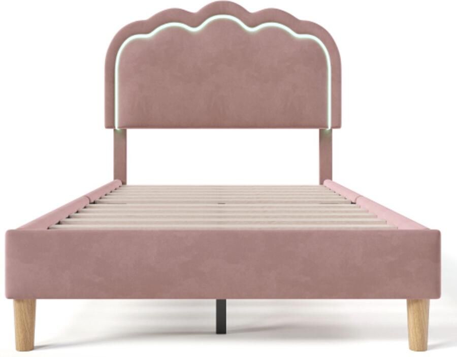 Eenpersoonsbed 90x200cm Zonder Matras Polsterbed Roze Flueel Met Led Verstelbaar Hoofdbord Geschikt Voor Slaapkamer Gastenbed Modern Design