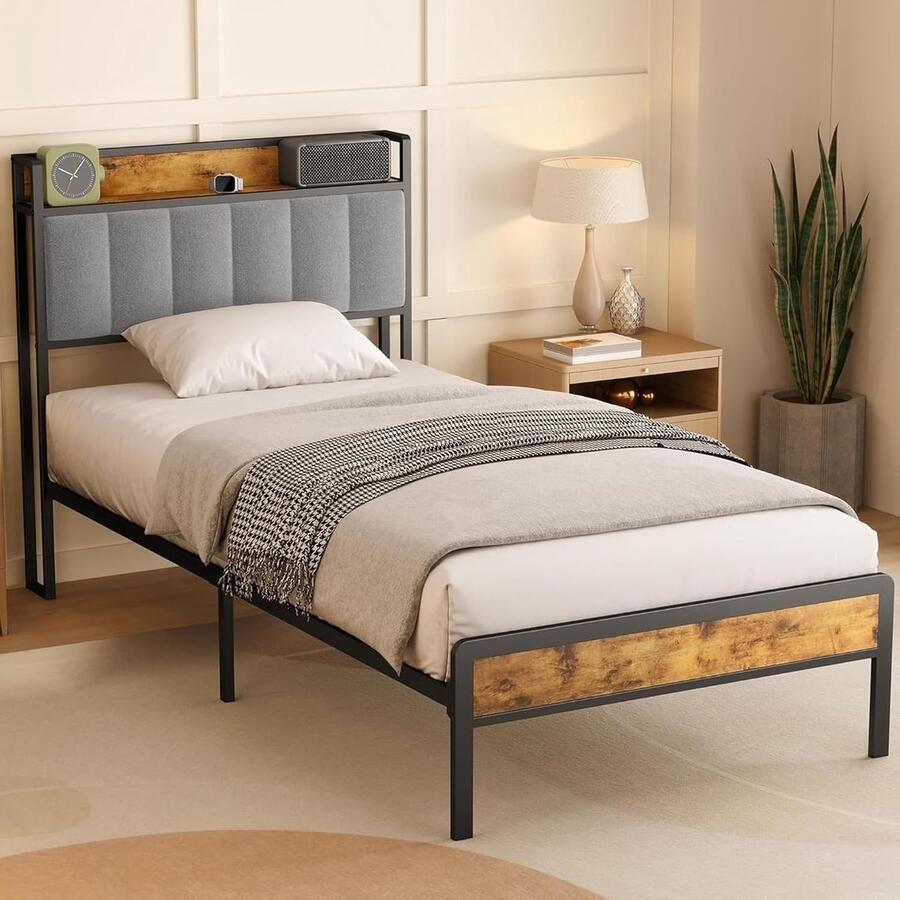 Eenpersoonsbed 90x200 cm – Houten Bedframe met Metalen Frame Gestoffeerd Hoofdeinde Sterke Lattenbodem Grijs