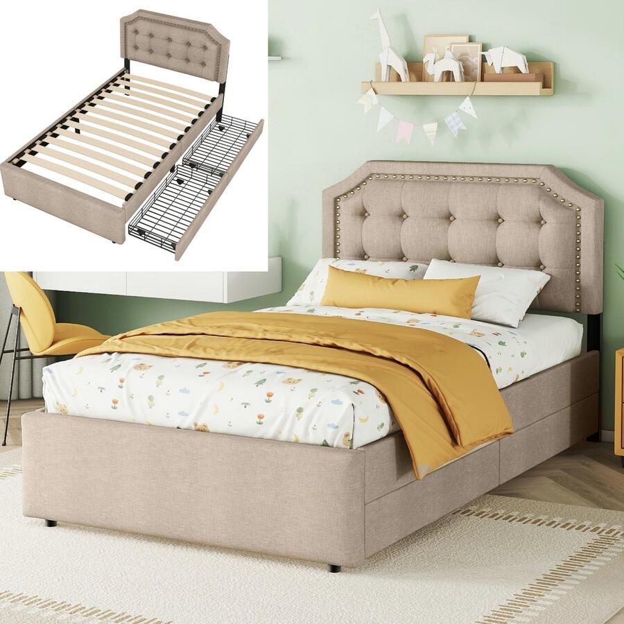 Eenpersoonsbed 90x200 cm met 2 lades en lattenbodems bed met opbergruimte eenvoudig en elegant design linnen stof donkerbeige(Matras niet inbegrepen)