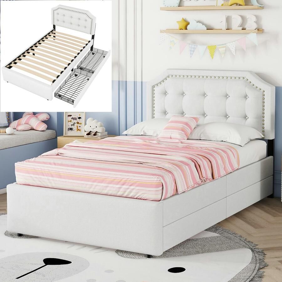 Eenpersoonsbed 90x200 cm met 2 lades en lattenbodems opbergruimte bed Volwassenen bed eenvoudig en elegant ontwerp linnen stof lichtbeige(Matras niet inbegrepen)