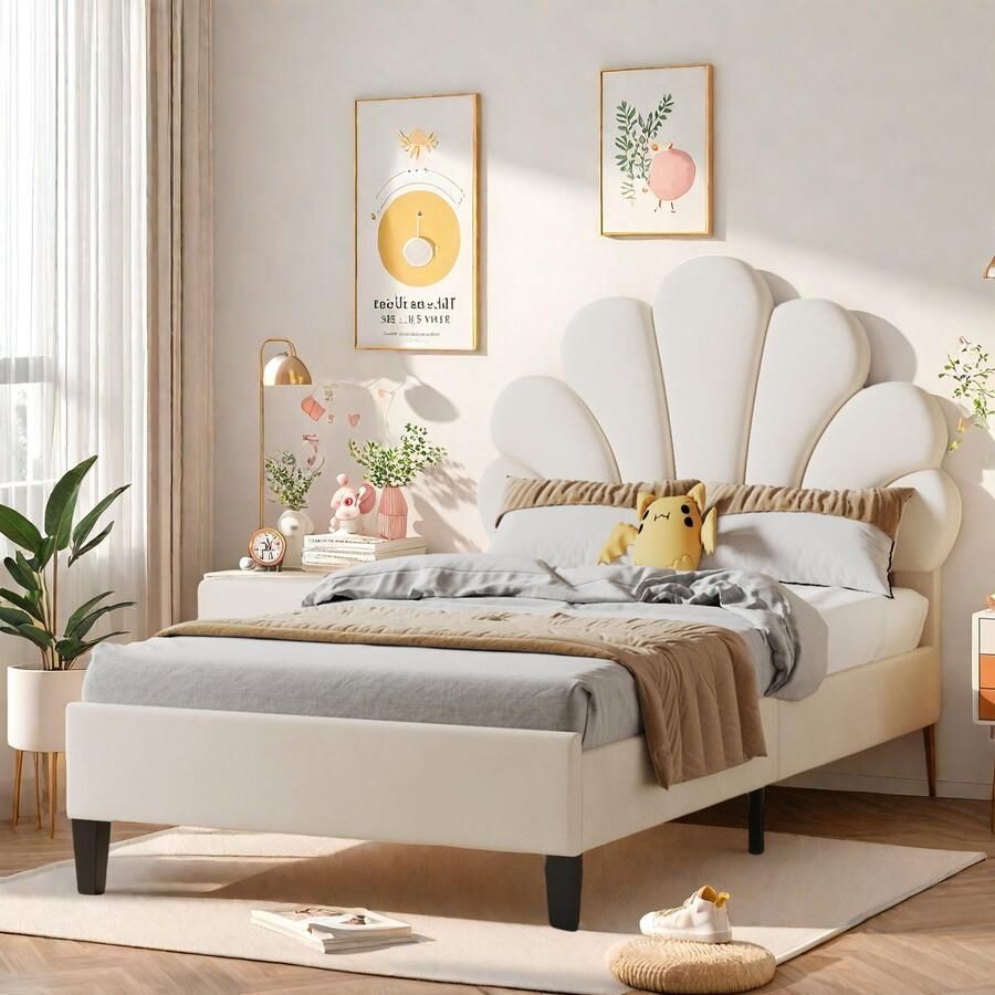 Eenpersoonsbed 90x200 cm met bloemvorm hoofdbord velvet beige kinderbed tienerbed met lattenbodem design bedframe slaapkamermeubel