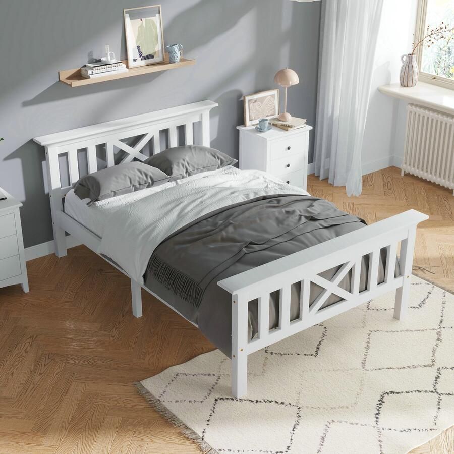 Eenpersoonsbed 90x200 cm met lattenbodem en hoofdbord kinderbed tienerbed massief grenen bedframe wit(Matras niet inbegrepen)