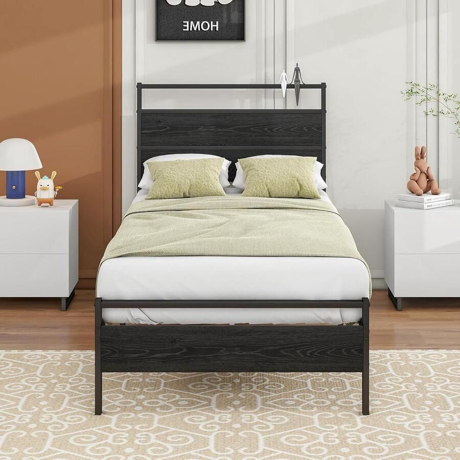 Eenpersoonsbed 90x200 cm Metalen jeugdbed met houten hoofdeinde Modern design Zwart Bedframe met lattenbodem