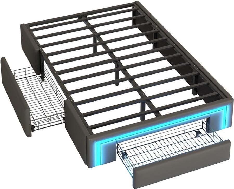 Eenpersoonsbed 90x200 cm zonder matras en hoofdbord met verstelbare LED-verlichting en 2 laden modern strak ontwerp geschikt voor slaapkamer en logeerkamer grijs