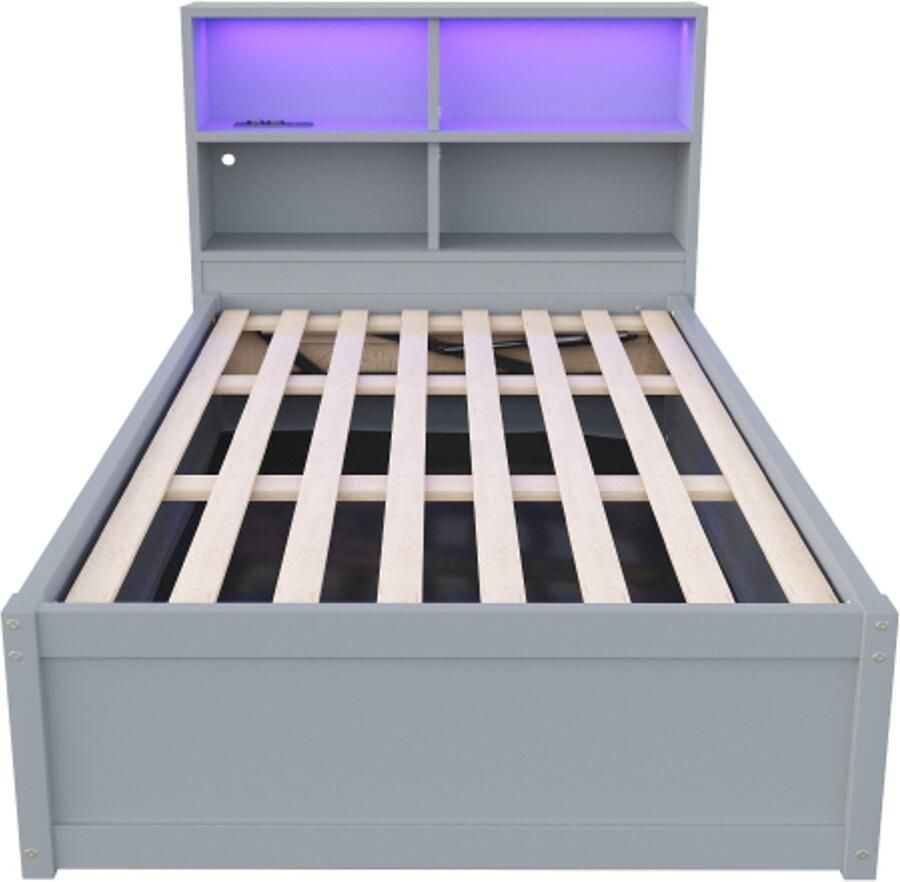 Eenpersoonsbed 90x200 cm Zonder Matras Grijs Hout Hydraulisch Met LED-lichtstrip Meerdere Opbergvakken En Stopcontact Multifunctioneel Modern Ontwerp