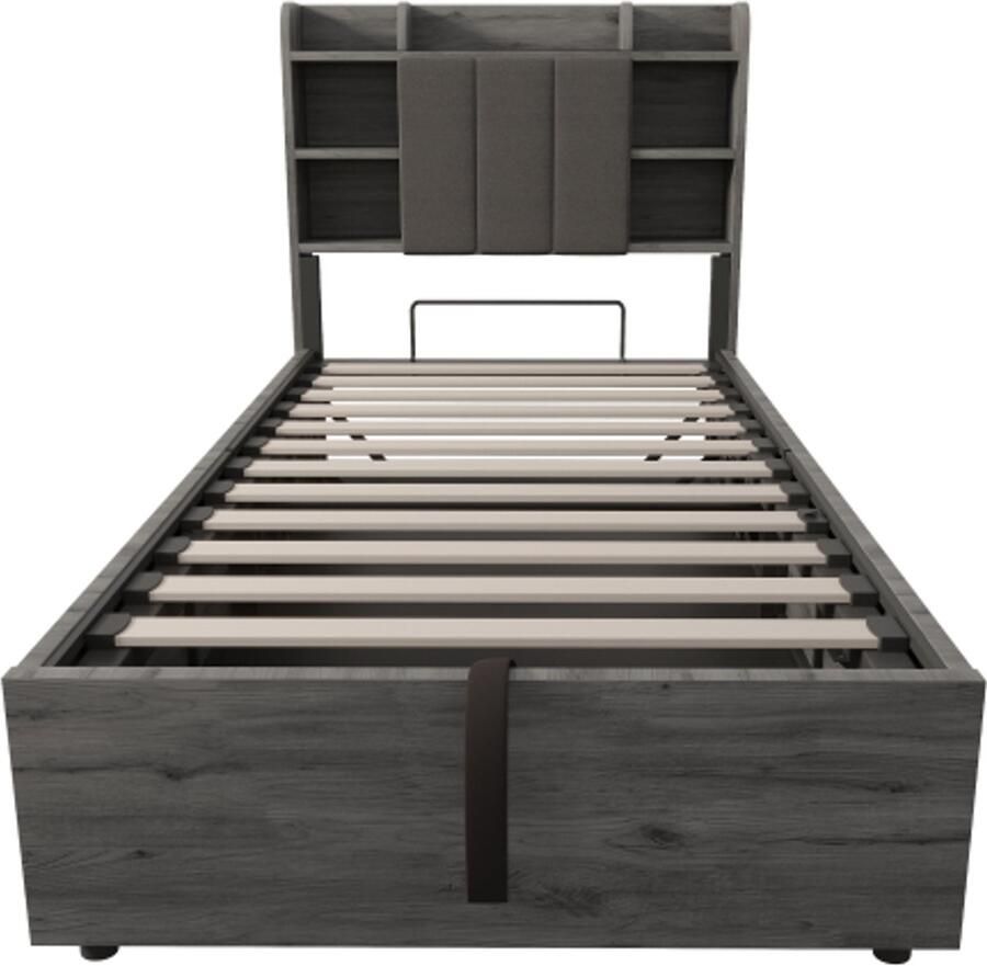 Eenpersoonsbed 90x200 cm Zonder Matras Grijs MDF Hydraulisch Met Hoofdbord En Opbergruimte Met USB- En Type-C Aansluiting Modern Design Geschikt Voor Slaapkamer En Logeerkamer