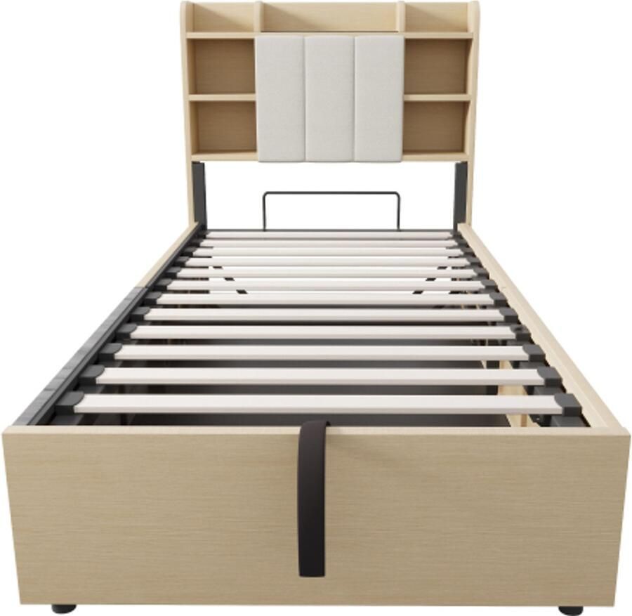 Eenpersoonsbed 90x200 cm Zonder Matras Natuur MDF Hydraulisch Met Hoofdbord En Opbergruimte Met USB- En Type-C Aansluiting Modern Design Geschikt Voor Slaapkamer En Logeerkamer