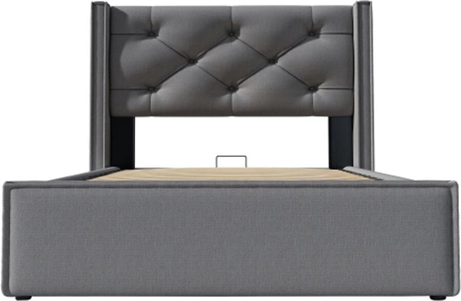 GOTAGEE Hydraulisch Gestoffeerd bed 90x200 cm Eenpersoonsbed Met lattenbodem uit metalen frame Modern bedframe Met opbergruimte Katoen Grijs Zonder matras