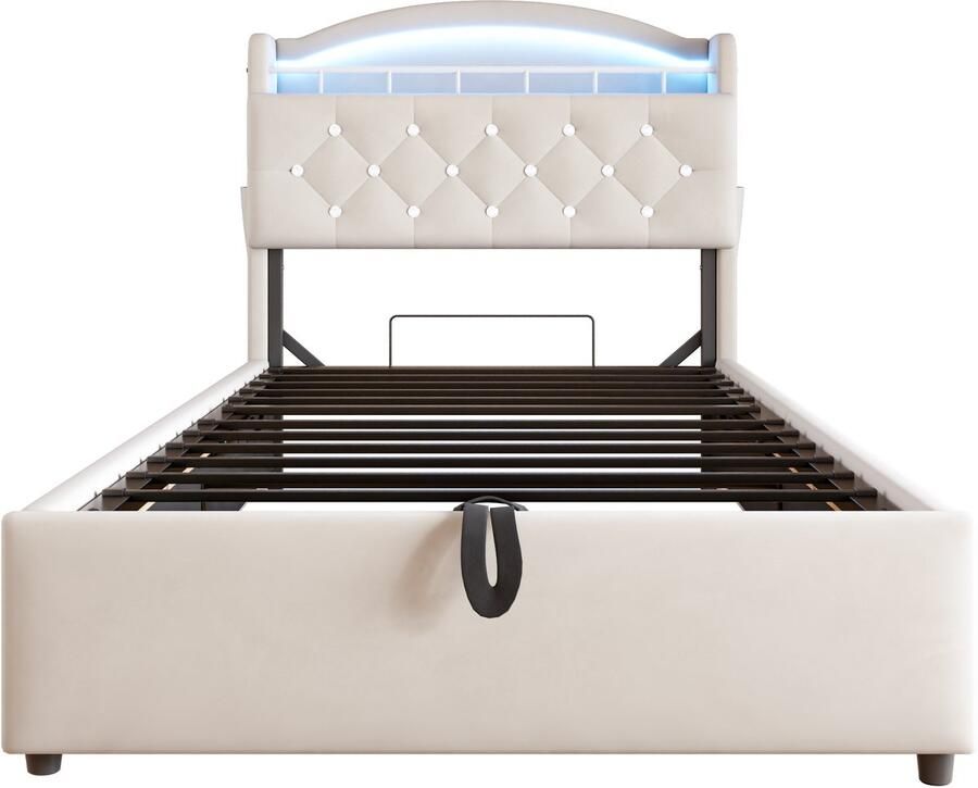 Eenpersoonsbed 90x200 Zonder Matras Kinderbed Polstebed Beige Flanel Multifunctioneel Met LED USB En Opbergruimte Geschikt Voor Slaapkamer En Kinderkamer