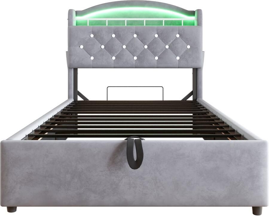 Eenpersoonsbed 90x200 Zonder Matras Kinderbed Polstebed Grijs Flanel Multifunctioneel Met LED USB En Opbergruimte Geschikt Voor Slaapkamer En Kinderkamer