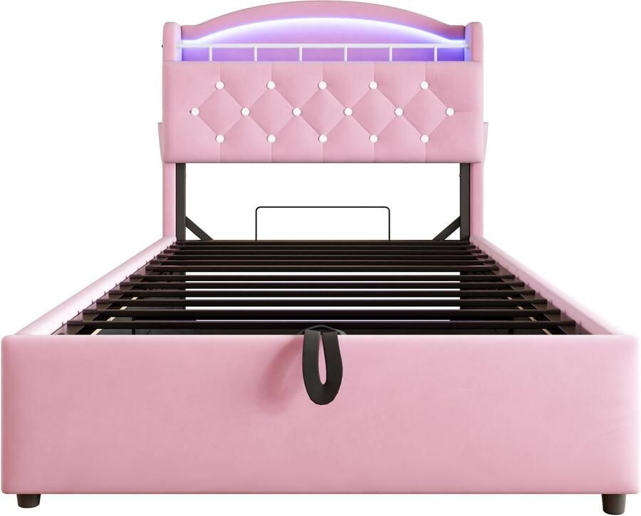 Eenpersoonsbed 90x200 Zonder Matras Kinderbed Polstebed Roze Flanel Multifunctioneel Met LED USB En Opbergruimte Geschikt Voor Slaapkamer En Kinderkamer