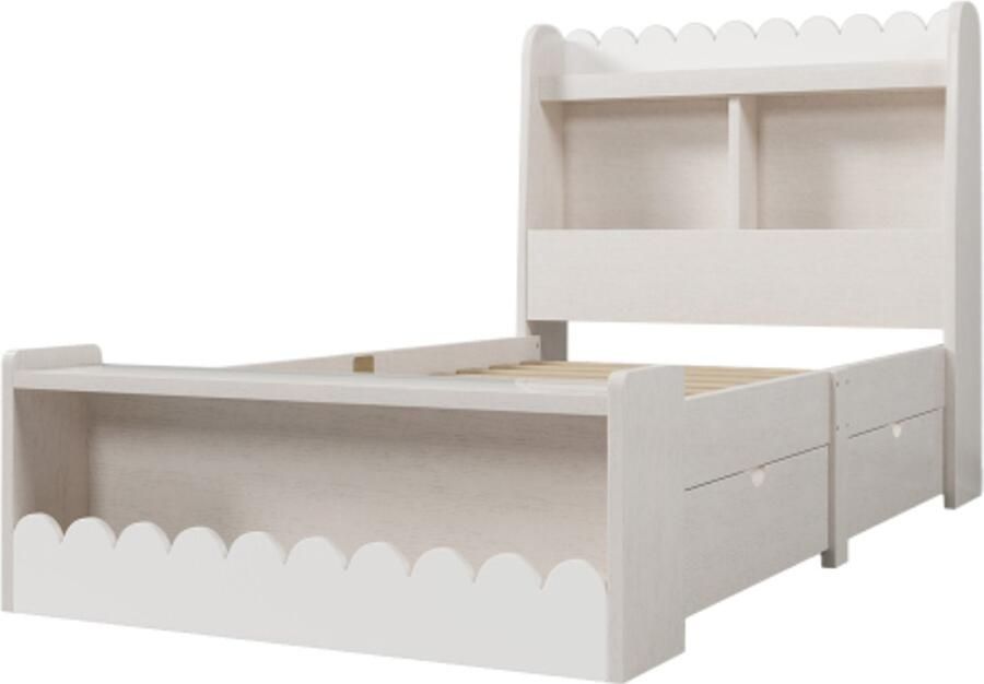 Eenpersoonsbed 90x200cm Zonder Matras Bed Voor Kinderen Jongensbed Meisjesbed Houten Bed Wit Met Natuur Met Lades Boekplank En Opbergplank Inclusief Lattenbodem