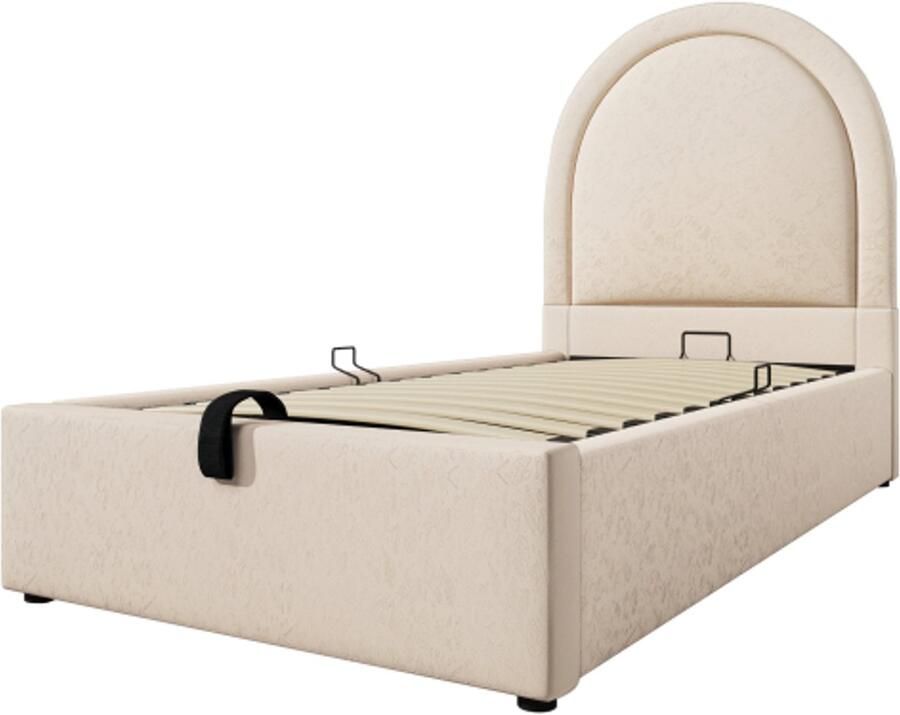 Eenpersoonsbed 90x200cm Zonder Matras Beige PU Kinderbed Jongensbed Meisjesbed Gestoffeerd Bed Met Lattenbodem Kosmisch Patroon Bed Met Hydraulische Opbergruimte Modern Design