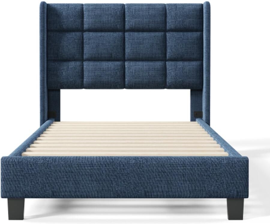 Eenpersoonsbed 90x200cm Zonder Matras Blauw Linnen Met Lattenbodem En Bedframe Gepolsterd Hoofdbord Modern Design Geschikt Voor Slaapkamer