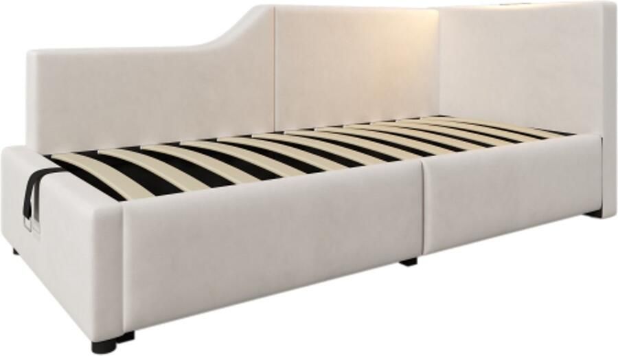 GOTAGEE Gestoffeerd bed slaapbank 90x200cm slaapbank met hydraulische opbergruimte leeslampfunctie en USB-C oplaadfunctie kinderbed jeugdbedframe met houten lattenbodem fluweel beige