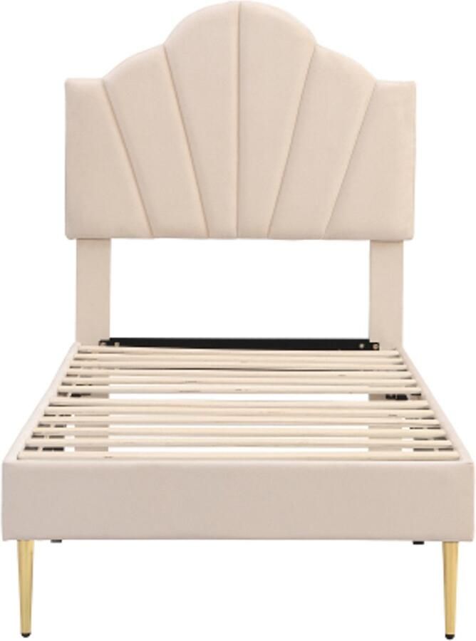 Eenpersoonsbed 90x200cm Zonder Matras Gestoffeerd Bed Beige Fluweel Schelpvormig Bed Met Gouden Metalen Poten Verstelbaar Hoofddeel Houten Lattenbodem Geschikt Voor Slaapkamer En Logeerkamer