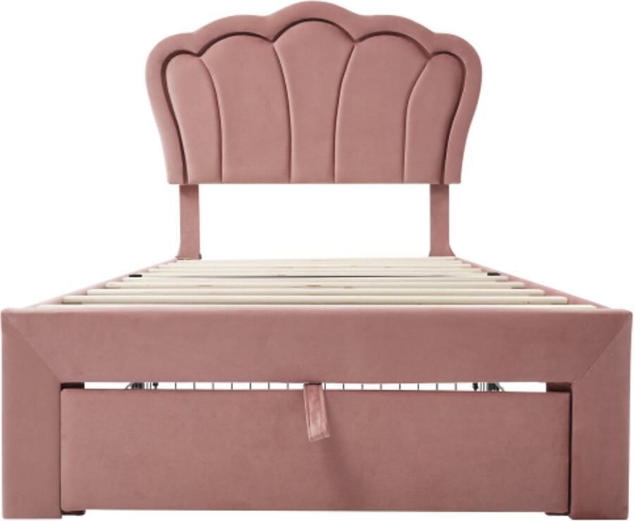 Eenpersoonsbed 90x200cm Zonder Matras Gestoffeerd Bed Roze Fluweel Meisjesbed Met Laden Verstelbaar Hoofdeinde Lattenbodem LED-verlichting Met APP-control Kinder- en Jongerenbed