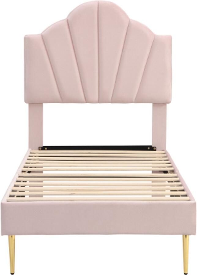 Eenpersoonsbed 90x200cm Zonder Matras Gestoffeerd Bed Roze Fluweel Schelpvormig Bed Met Gouden Metalen Poten Verstelbaar Hoofddeel Houten Lattenbodem Geschikt Voor Slaapkamer En Logeerkamer