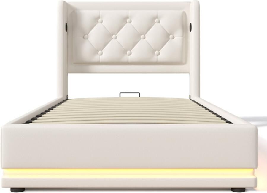 Eenpersoonsbed 90x200cm Zonder Matras Gestoffeerd Bed Wit PU Met Hydraulische Opbergruimte Met USB En Type C Oplaadfunctie Hoofdbord Met 3 Zijdige LED Verlichting Modern Ontwerp Comfortabel Praktisch