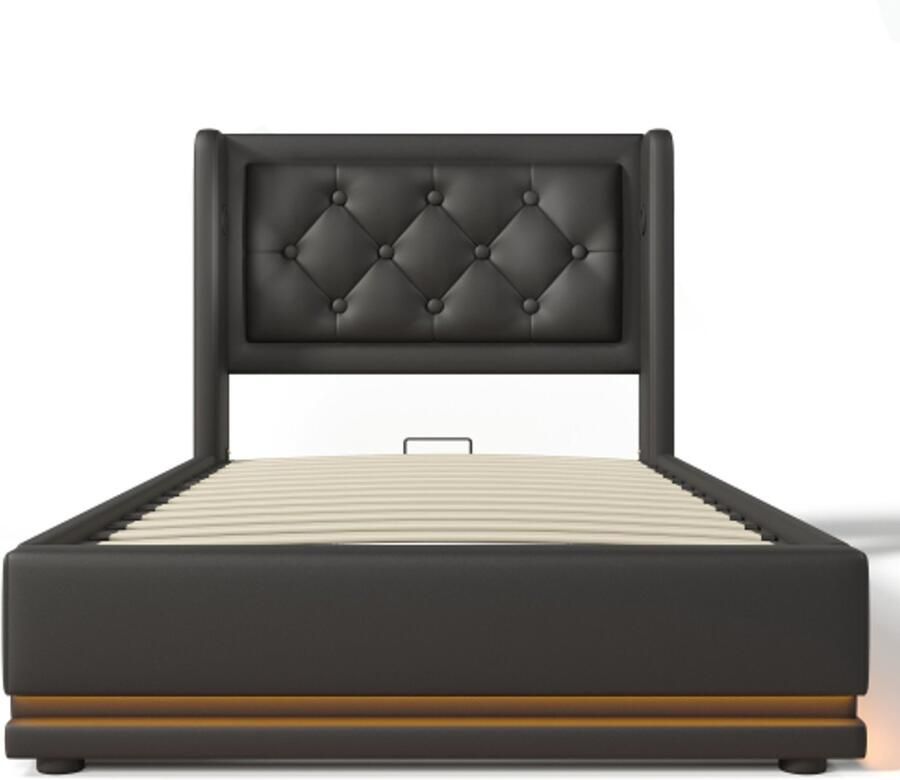 Eenpersoonsbed 90x200cm Zonder Matras Gestoffeerd Bed Zwart PU Met Hydraulische Opbergruimte Met USB En Type C Oplaadfunctie Hoofdbord Met 3 Zijdige LED Verlichting Modern Ontwerp Comfortabel Praktisch