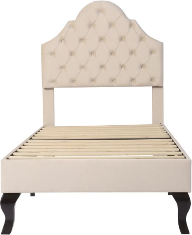 Eenpersoonsbed 90x200cm Zonder Matras Gestoffeerd Beige Fluweel Met Verstelbaar Hoofdbord Houten Lattenbodem Geschikt Voor Jongeren En Volwassenen