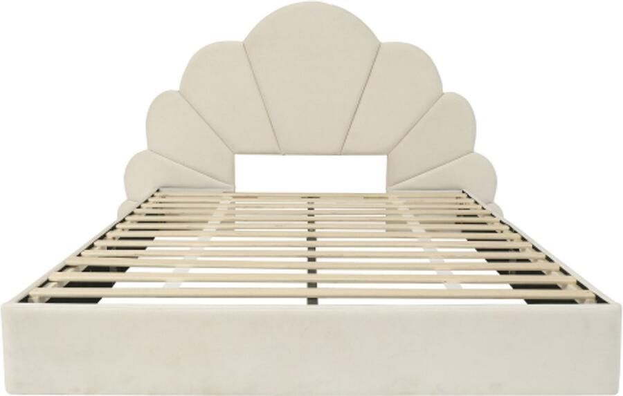 Eenpersoonsbed 90x200cm Zonder Matras Gestoffeerd Kinderbed Meisjesbed Bed Beige Fluweel Modern Bedframe Met Golvende Bloemblaadjes Hoofdeinde Stijlvol Comfortabel Modern Ontwerp Geschikt Voor Slaapkamer En Logeerkamer