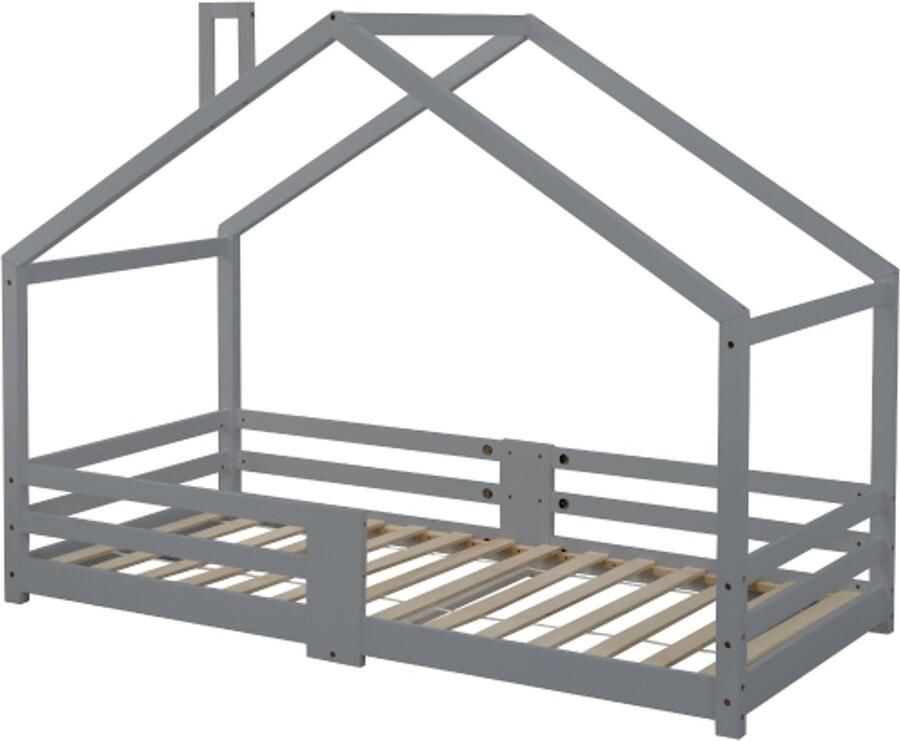 Eenpersoonsbed 90x200cm Zonder Matras Huisbed Grijs Massief Houten Kinderbed Met Schoorsteen Lattenbodem En Uitvalbeveiliging Stevig Geschikt Voor Kinderkamer
