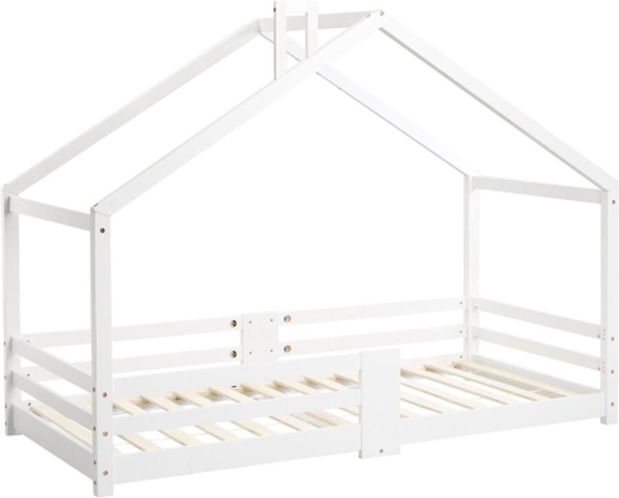 Eenpersoonsbed 90x200cm Zonder Matras Huisbed Wit Massief Houten Kinderbed Met Schoorsteen Lattenbodem En Uitvalbeveiliging Stevig Geschikt Voor Kinderkamer