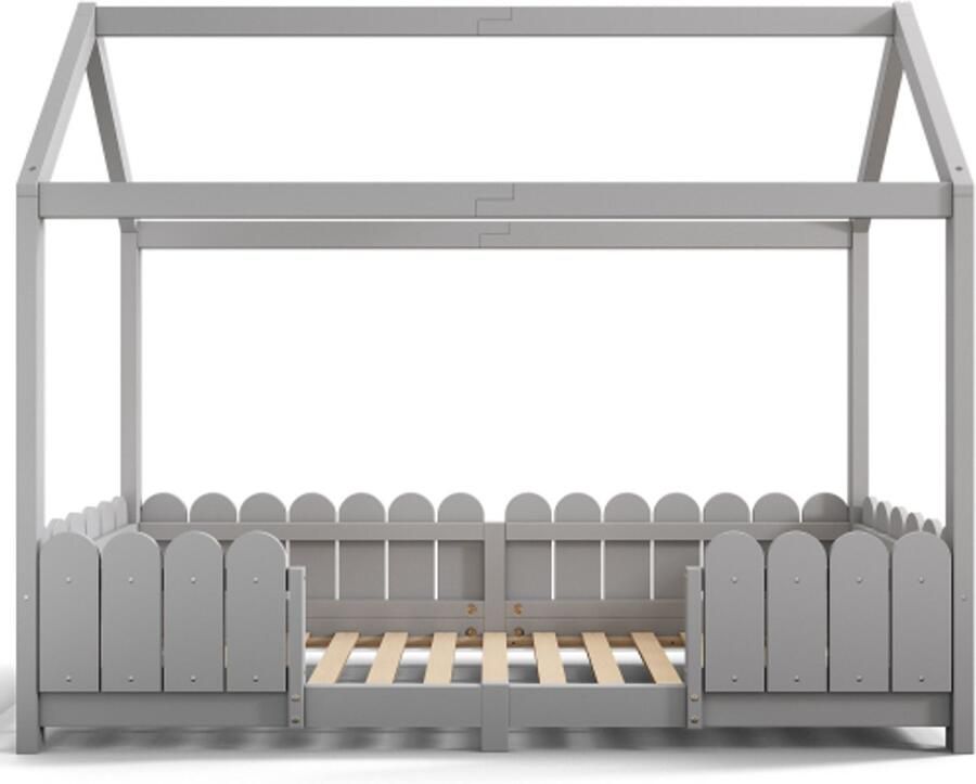 Eenpersoonsbed 90x200cm Zonder Matras Kinderbed Grijs Hout Huisbed Massief Houten Bed Voor Jongens En Meisjes Met Valbeveiliging En Lattenbodem